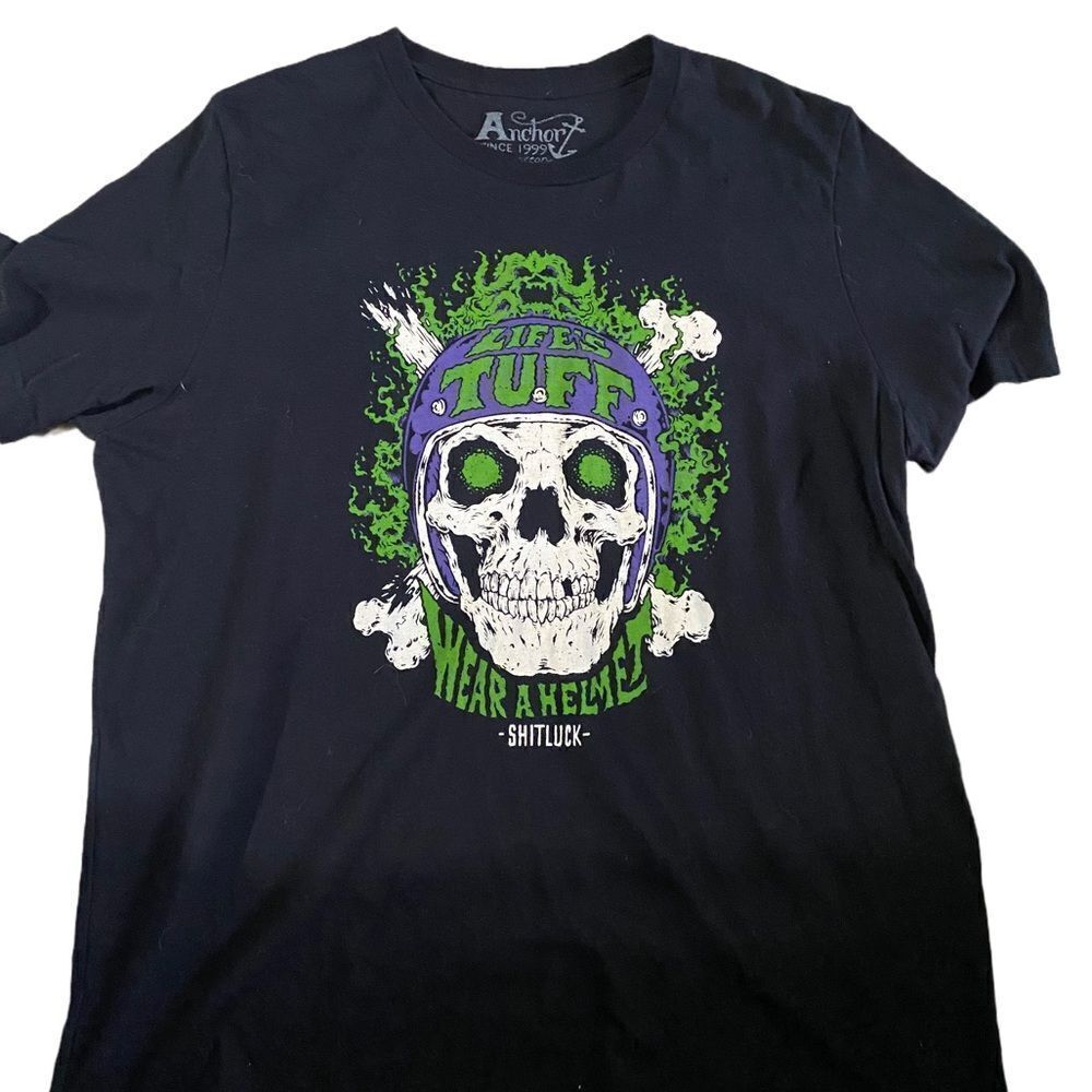 Mens Anchor Life’s Tuff Wear A Helmet Skeleton Skull Tshirt